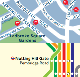 Transport for London bus spider map for the area around Notting Hill Gate